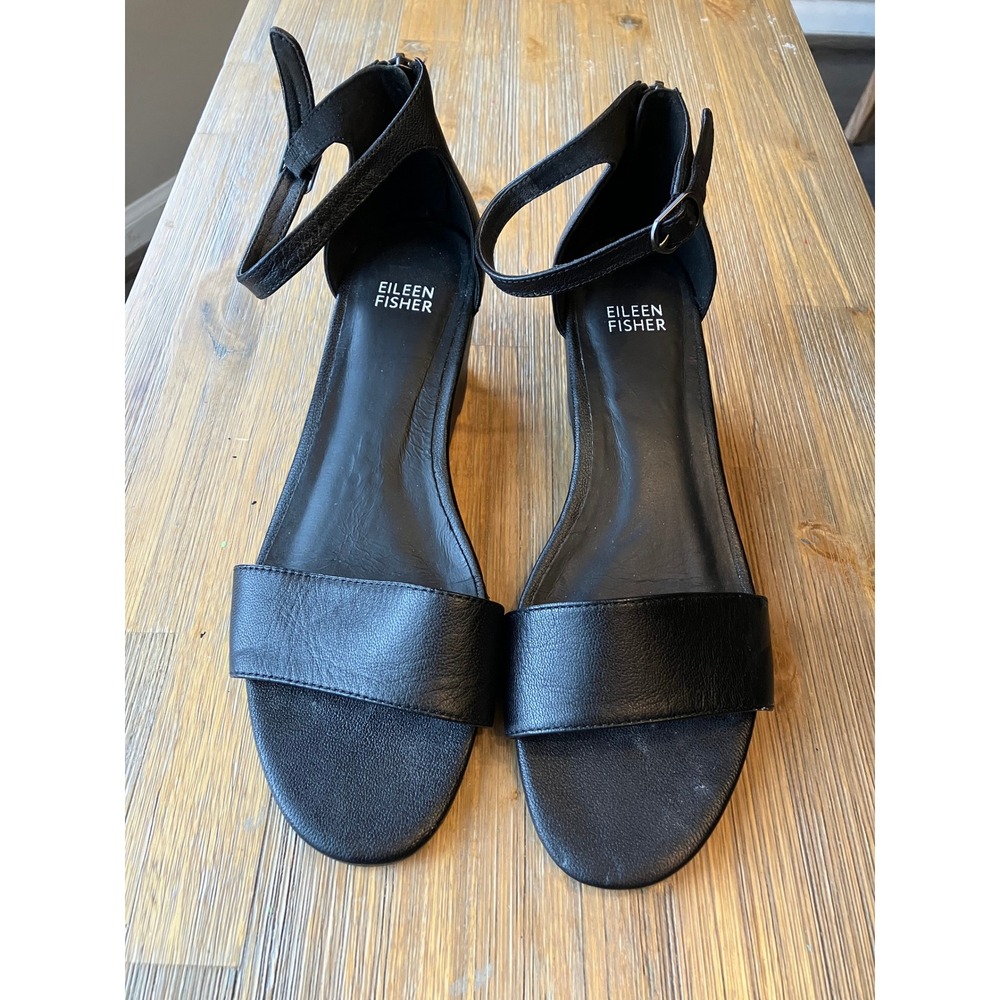 Eileen Fisher Mara Black Tumbled Leather Wedge Sandal Size 9.5 Preppy Dressy - Picture 3 of 9